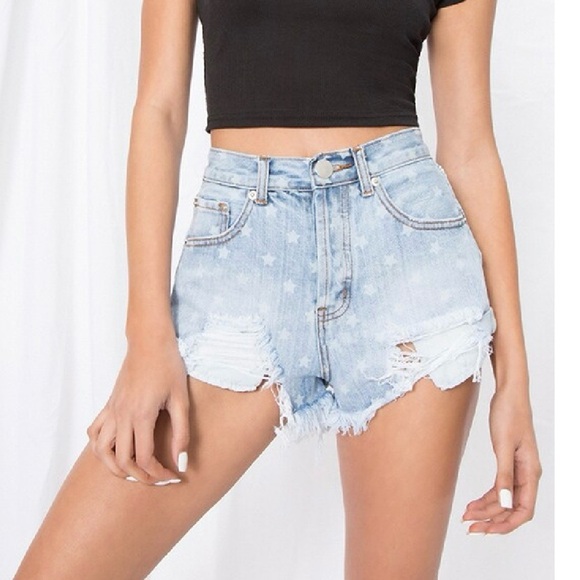 Superdown Kensie Star Distressed High Waisted Denim Shortie Shorts Size 25 - Picture 1 of 8
